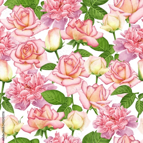 Fototapeta Naklejka Na Ścianę i Meble -  WHITE SEAMLESS BACKGROUND WITH BLOOMING DIGITAL WATERCOLOR PINK ROSES AND PEONIES