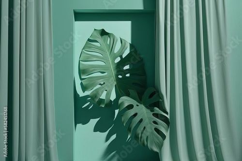 Window with green leaves. Plant in a window. Shadow of tropical leaves and curtains window. Abstract light green background. Generative AI	