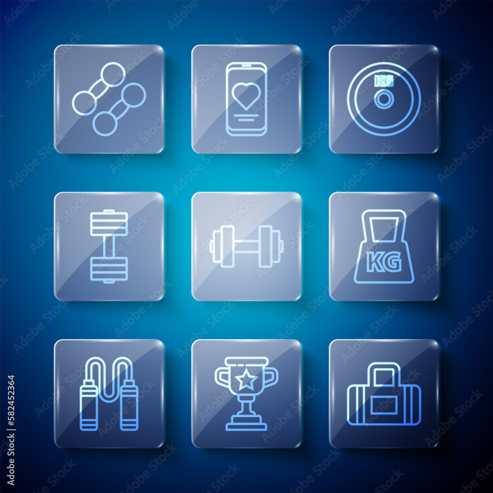 Set line Jump rope, Award cup, Sport bag, Weight plate, Dumbbell, and icon. Vector Set line Jump rope, Award cup, Sport bag, Weight plate, Dumbbell, and icon. Vector