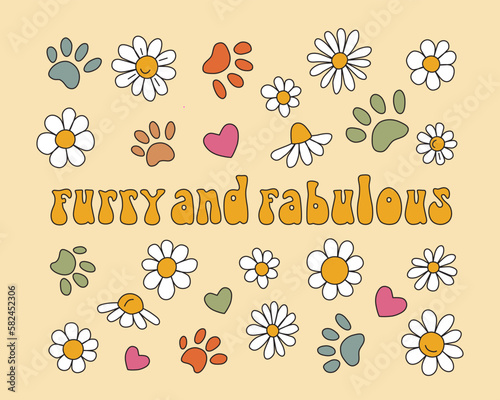 Lettering dog furry and fabulous. Vector groovy illustration