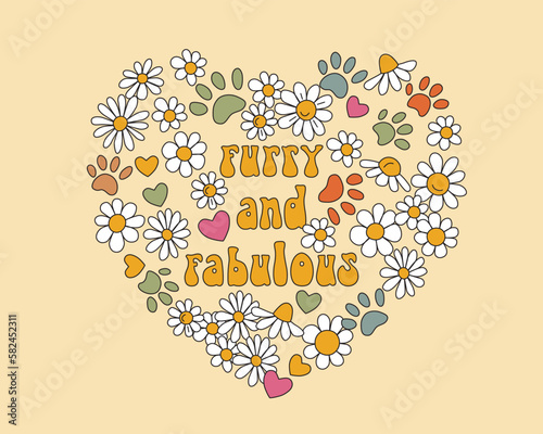 Lettering dog furry and fabulous. Vector groovy illustration