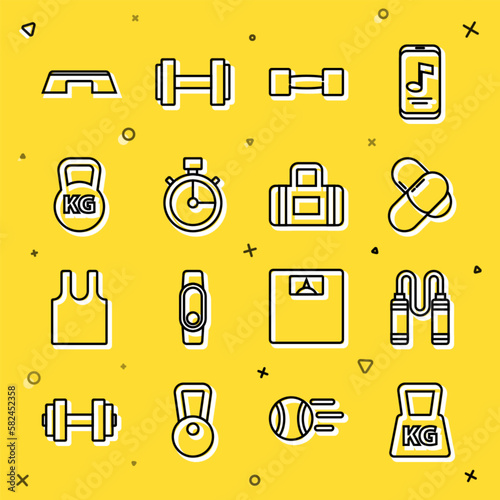 Set line Weight, Jump rope, Sports nutrition, Dumbbell, Stopwatch, Kettlebell, Step platform and bag icon. Vector