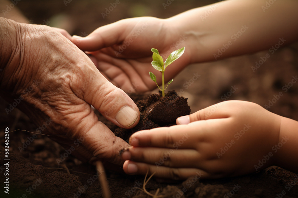 Fototapeta premium Transplanting a plant by a grandfather and his grandson