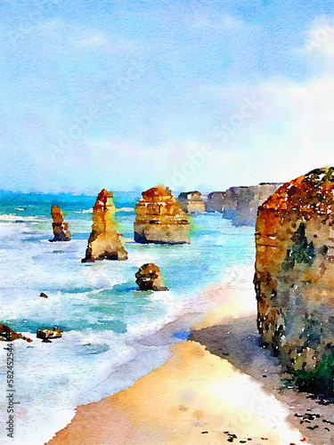 Digital watercolor of marvellous 12 apostles landscape in Great Ocean Road in Victoria in Australia
