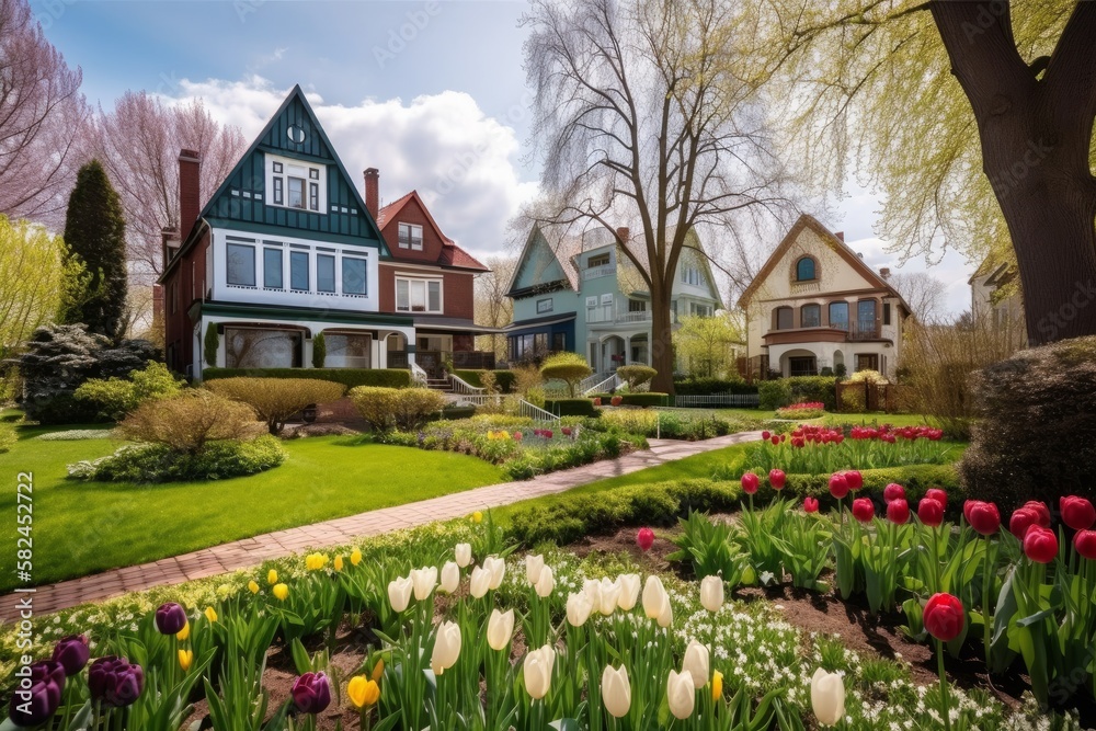 Nachbarschaft mit Wohnhäusern in Dorf, Kleinstadt oder Vorstadt im Frühling mit viel Grün, Blumen und Bäumen - KI generiert 
