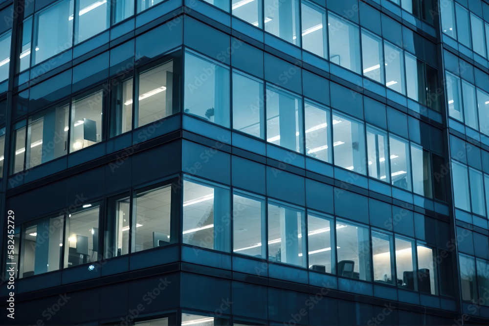 Blue Toned Office Building Windows with Artificial Lamplight. Generative Ai