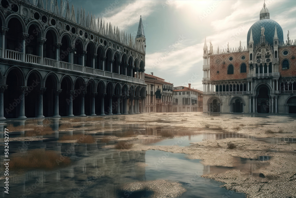 Venice Drought: Illustration of Water Scarcity in the City of Canals. Generative Ai