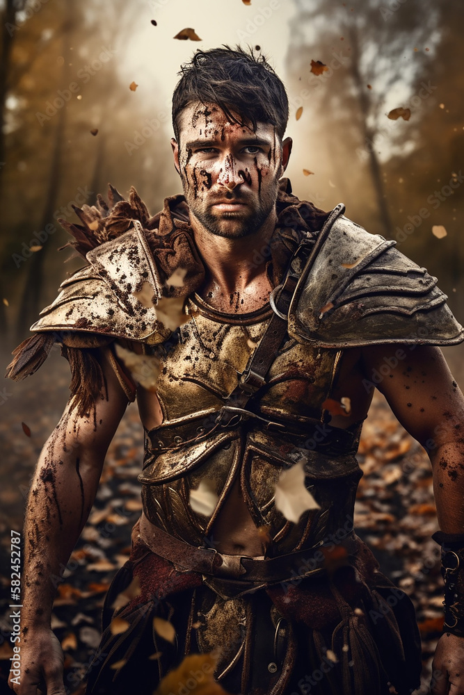 Portrait of an ancient male warrior with fantasyarmor stained with mud and blood. Fantasy wallpaper, cover design and poster created with Generative AI