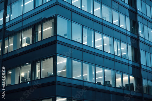 Blue Toned Office Building Windows with Artificial Lamplight. Generative Ai