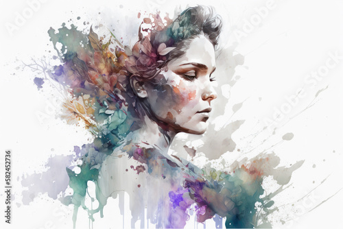 Abstract portrait of a beautiful fictional girl. Watercolor flowers, double exposure. Creative beautiful girl, white background. Ai generated