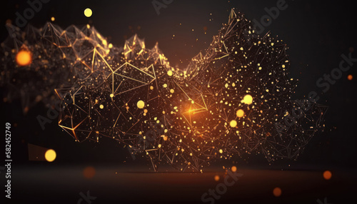 Abstract background with dots, lines, polygonal shapes on dark background. Design digital technology concept. AI generated.