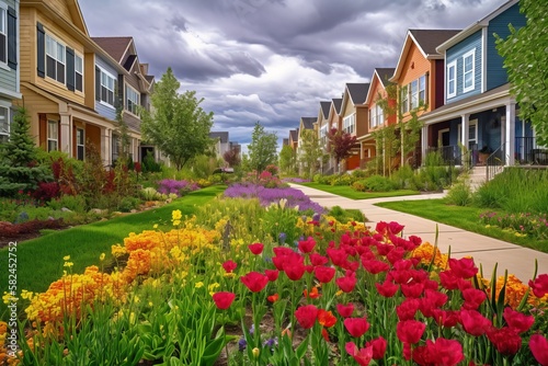 Nachbarschaft mit Wohnhäusern in Dorf, Kleinstadt oder Vorstadt im Frühling mit viel Grün, Blumen und Bäumen - KI generiert 