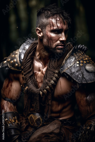 Portrait of an ancient male barbarian warrior with fantasy armor stained with mud and blood. Fantasy wallpaper, cover design and poster created with Generative AI © Zenturio Designs
