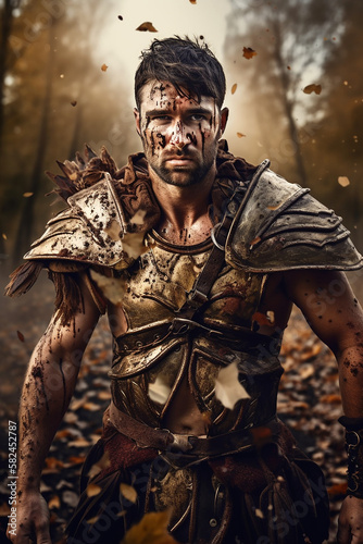 Portrait of an ancient male warrior with fantasyarmor stained with mud and blood. Fantasy wallpaper, cover design and poster created with Generative AI