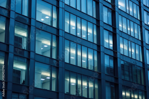 Blue Toned Office Building Windows with Artificial Lamplight. Generative Ai