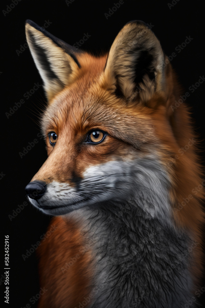 Red fox on dark background, digital illustration painting. Generative AI