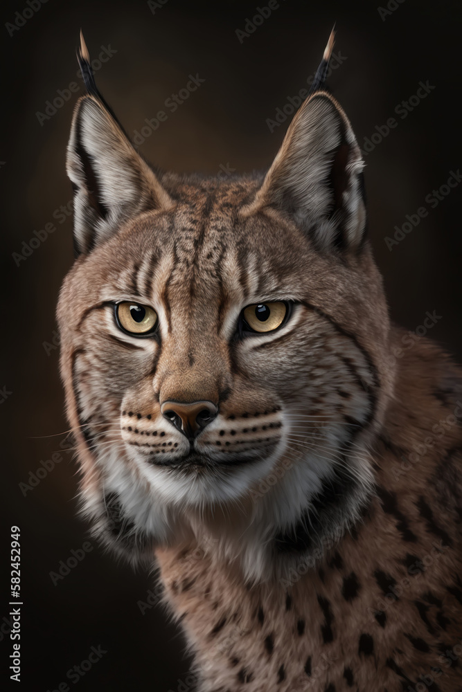 Fototapeta premium Lynx portrait on dark background. AI Generative