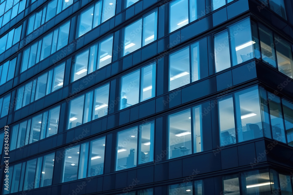 Blue Toned Office Building Windows with Artificial Lamplight. Generative Ai