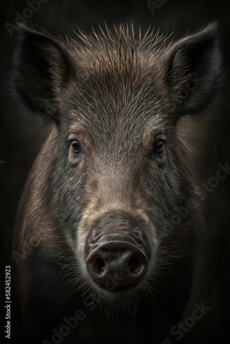Wild boar portrait on dark background. AI Generative