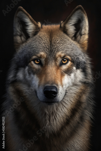 Wolf portrait on dark background. AI Generative
