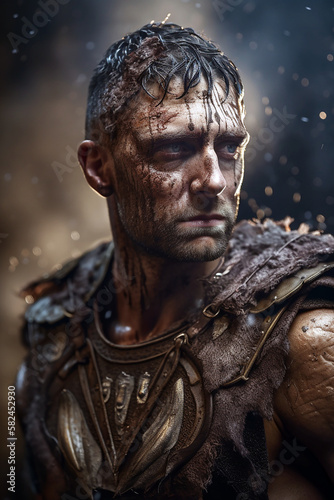 Close-up Portrait of an ancient male warrior with roman armor stained with mud and blood. Fantasy wallpaper, cover design and poster created with Generative AI