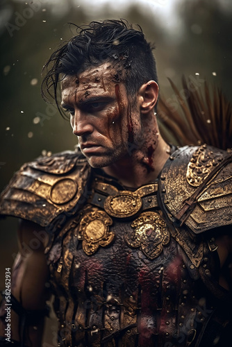 Portrait of an ancient male warrior with roman armor stained with mud and blood. Fantasy wallpaper, cover design and poster created with Generative AI