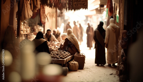 old arabic bazaar shopping in outdoor market, People relaxing. generative ai	 photo