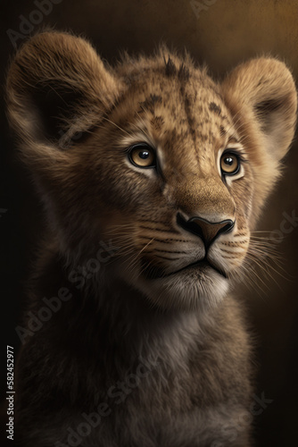 Lion cub portrait on dark background. AI Generative
