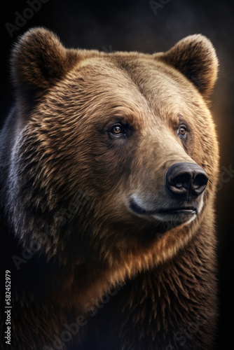 Bear portrait on dark background. AI Generative