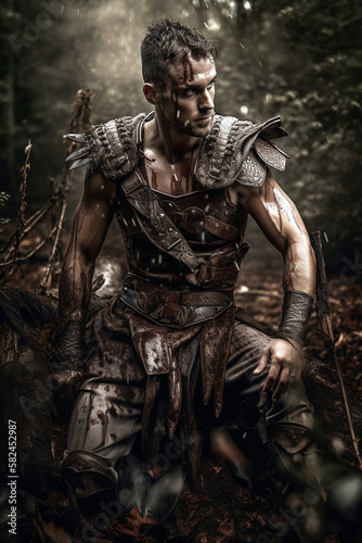Portrait of an ancient male warrior with leather armor stained with mud and blood in forest. Fantasy wallpaper, cover design and poster created with Generative AI