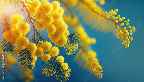 Close up of bright yellow mimosa flowers on the background of the sky in sun light. Ai generated