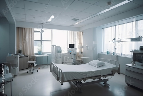 hospital room with large windows, medical equipment, science and health, recovery