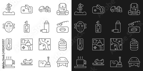 Set line Hockey helmet, Stone for curling, Winter fishing, Ice resurfacer, Identification badge, mask, Road traffic signpost and Thermos container icon. Vector
