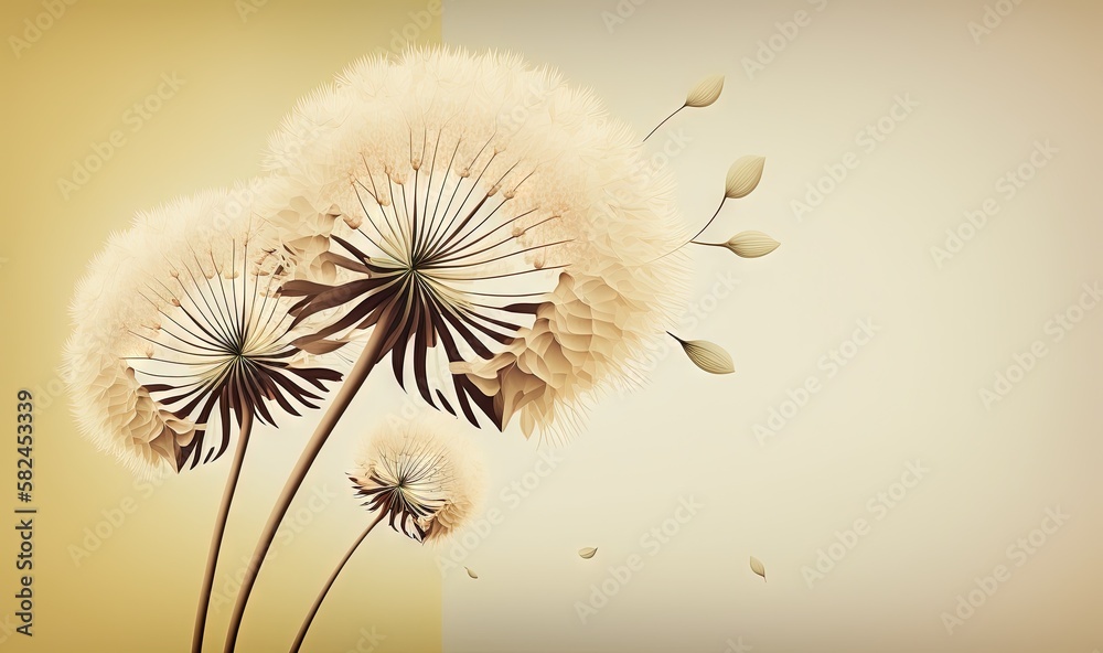 a painting of a dandelion blowing in the wind with a yellow background ...