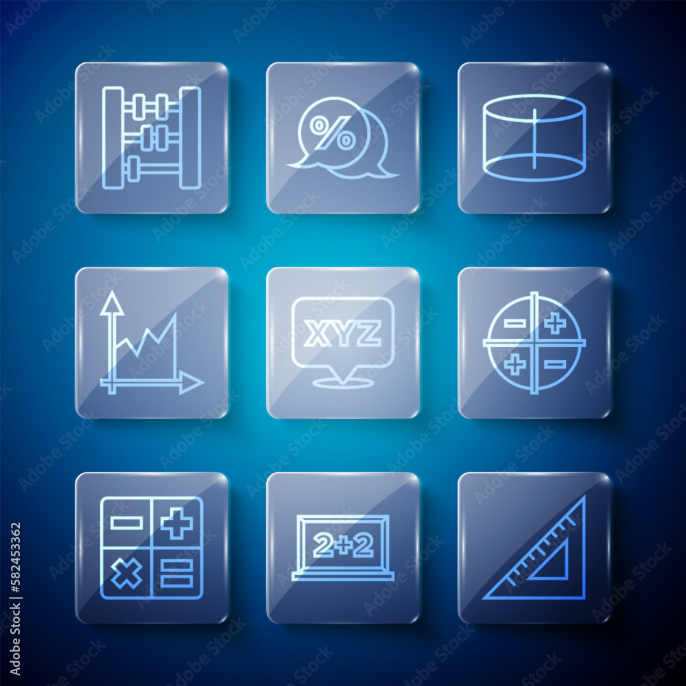 Set line Calculator, Chalkboard, Triangular ruler, Geometric figure Cylinder, XYZ Coordinate system, Graph, schedule, chart, diagram, Abacus and icon. Vector Set line Calculator, Chalkboard, Triangular ruler, Geometric figure Cylinder, XYZ Coordinate system, Graph, schedule, chart, diagram, Abacus and icon. Vector