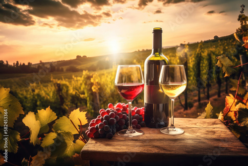 Vineyard Sunset: Illustration of a Beautiful Background for Red and White Wine. Generative Ai