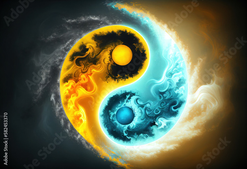 Blue Yellow Abstract Yin Yang Symbol, Generative AI