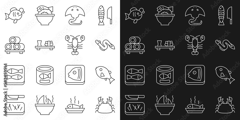 Set line Crab, Tropical fish, Eel, Stingray, Sushi on cutting board, and Lobster icon. Vector