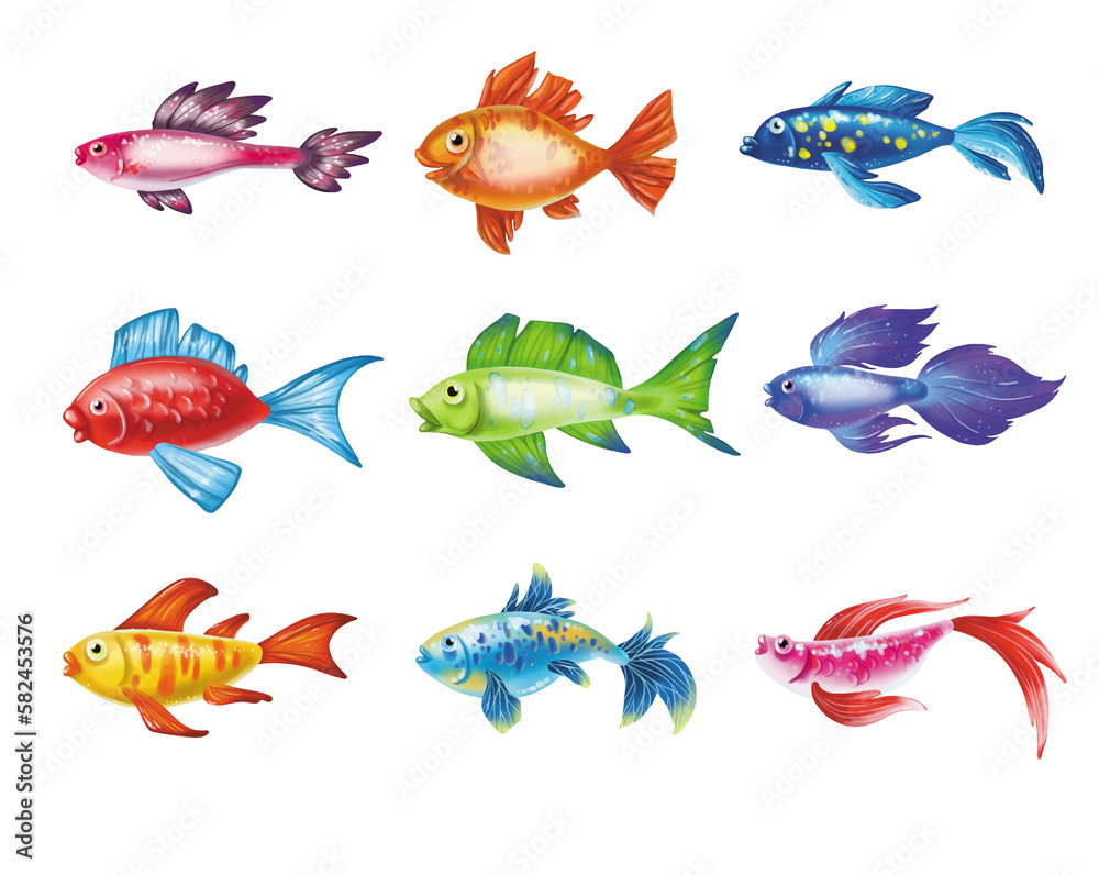 Colored cute sea fish.  cartoon set of freshwater
  aquarium characters isolated on white background. Varieties of decorative underwater  popular colored fish for print, children development
