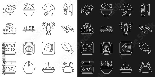 Set line Crab, Tropical fish, Eel, Stingray, Sushi on cutting board, and Lobster icon. Vector