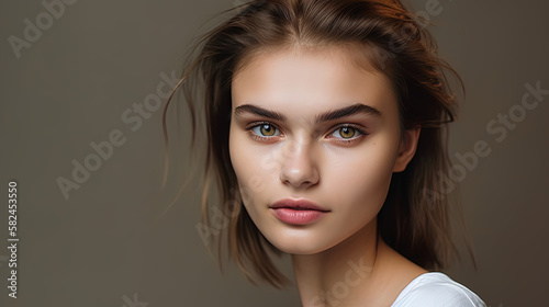 beautifull brown coloured hair girl model with an intense expression, standing in a photostudio before a dark background. generative ai 