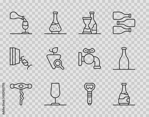 Set line Wine corkscrew, Bottle of wine, glass, tasting, degustation, Grapes, opener and icon. Vector