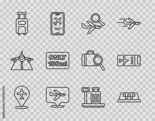 Set line Plane, Taxi car roof, Airplane search, Suitcase, Liquids in carry-on baggage, Scale with suitcase and Airline ticket icon. Vector