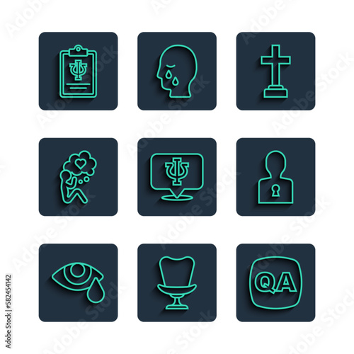 Set line Tear cry eye, Armchair, Question and Answer, Graves funeral sorrow, Psychology, Psi, Head with heart, and Solution to the problem icon. Vector