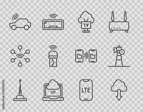 Set line Antenna, Cloud download, Smart Tv, Network cloud connection, car system, Usb wireless adapter, LTE network and Satellite dish icon. Vector