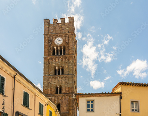 The ancient facade and bell tower of the Church of San Jacopo Maggiore, Altopascio, Lucca, Lucca province, Tuscany region, Central Italy photo