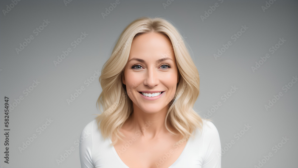 Portrait of mature beautiful woman with blond hairstyle and white top. Cleavage. Model studio shot. Copy space. Generative AI - obrazy, fototapety, plakaty 