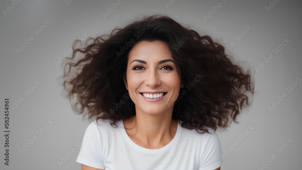 Happy confident mature woman with natural skin, healthy dark hair and white teeth. Grey background with copy space. Generative AI Happy confident mature woman with natural skin, healthy dark hair and white teeth. Grey background with copy space. Generative AI