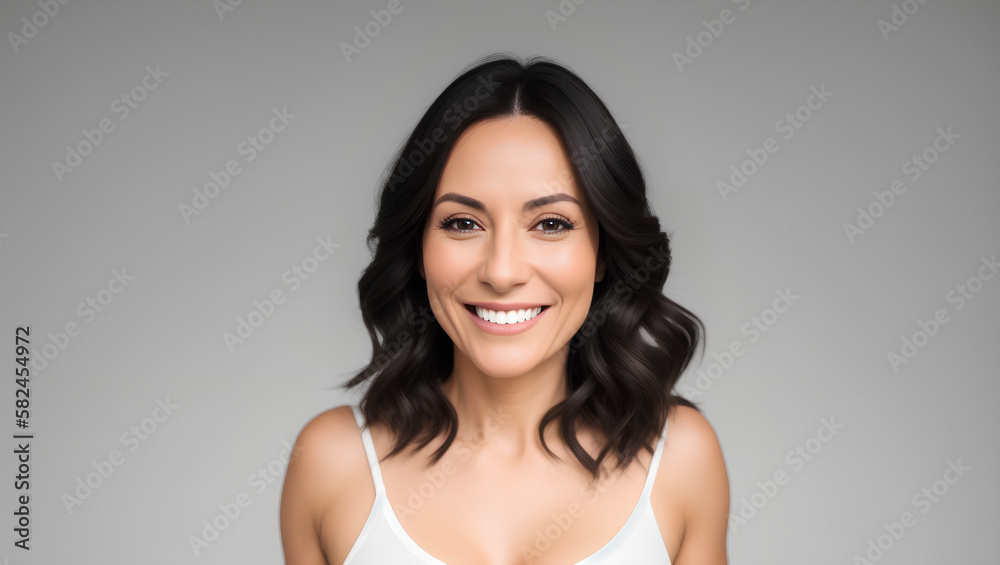 White caucasian mature woman portrait with black middle wavy hair hairstyle on empty grey background. Copy space for product placement. Generative AI White caucasian mature woman portrait with black middle wavy hair hairstyle on empty grey background. Copy space for product placement. Generative AI