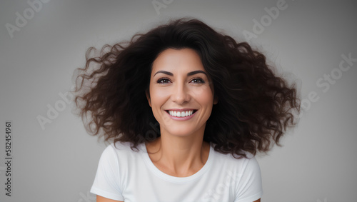 Happy confident mature woman with natural skin, healthy dark hair and white teeth. Grey background with copy space. Generative AI